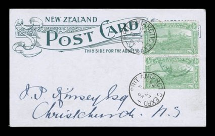 1907-09 British Antarctic Expedition, The Canterbury Times, New Zealand picture post card with green printed address side, used and addressed to Kinsey, the expedition
representative in New Zealand (in Shackletons handwriting?), franked with a