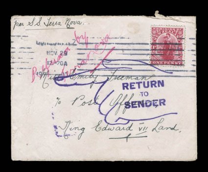 1907-09 British Antarctic Expedition, intriguing trio of covers all addressed to King Edward VII Land. but all three being returned to sender as the addressees were either
unknown or the mail was not picked up, one a 1907 usage per Nimrod a