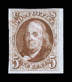 1b, 5c Orange brown, used right sheet-margin single, other margins full to large, especially bright and rich color, unusually light red grid cancel, faint horizontal crease,
very fine appearance 2008 PF certificate