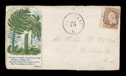 The Pine Against the Palm verse and palm tree design in green and yellow (Walcott 1603 var.), 3c Rose (65) tied by grid with matching Freeport c.d.s on cover to Massachusetts,
opened at left, mild edge wear, fine rare in the green and yellow