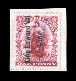 S.G. A1s, 1908 1p Rose carmine, with King Edward VIILand. overprint in green, handstamped Specimen in violet, Samuel Type NA2, distributed as a specimen stamp by the U.P.U. in
Berne to the Natal Post Office, affixed to small piece, very fin