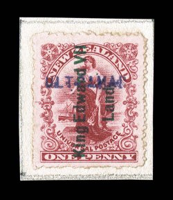 S.G. A1s, 1908 1p Rose carmine, with King Edward VIILand. overprint in green, handstamped Ultramar in violet, U.P.U. specimen stamp issued for distribution in the Portuguese
India, affixed to small piece, very fine the only example we have