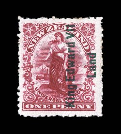 S.G. A1, 1908 1p Rose carmine, with King Edward VIILand. overprint in green, Royle printing, scarce mint example, deep luxuriant color, well centered, o.g., lightly hinged,
very fine.