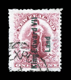S.G. A1b, 1908 1p Rose carmine, with King Edward VIILand. overprint in green, Waterlow printing, another elusive used example from this printing, from Plate W1, Row 522,
attractively centered, small portion of c.d.s. which appears to be date