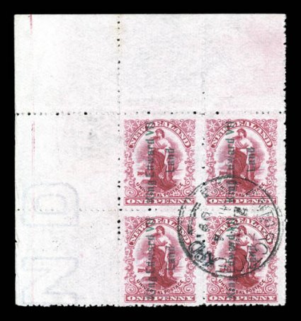 S.G. A1b, 1908 1p Rose carmine, with King Edward VIILand. overprint in green, Waterlow printing, a showpiece top left corner sheet-margin used block of this rare printing,
with central mostly clear Brit Antarctic ExpdMr 409 c.d.s., attrac