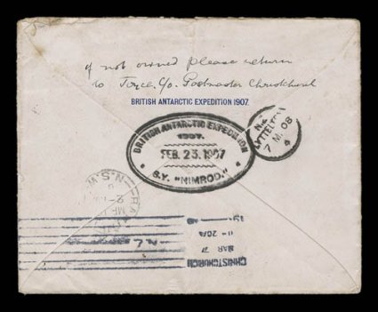 S.G. A1, 1908 1p Rose carmine, with King Edward VIILand. overprint in green, Royle printing, tied to front of British Antarctic Expedition 1907 imprinted official cover sent
from Ernest Joyce, the Assistant Postmaster of the Base Post Offic