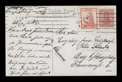 1910-12 German South Polar Expedition, Deutsche Sudpolar Expedition red vignette, tied along with Argentina 5c adhesive to picture post card of Buenos Aires by September 17,
1911 machine cancel, addressed to Germany, very fine quite rare, as t