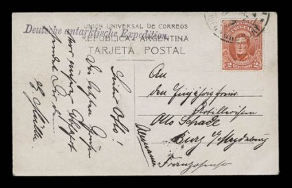 1910-12 German South Polar Expedition, real photo post card of a naval officer aboard ship, franked with Uruguay 2c adhesive and tied by portion of double circle October 1911
c.d.s., card also bears scarce Deutsche Antarktische Expedition viole