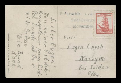 1910-12 German South Polar Expedition, Deutsche Sudpolar Expedition red vignette, as the sole franking on a picture post card of the German Antarctic Expedition ship
Deutschland, tied by unusual violet three line Polarschiff DeutschlandSu