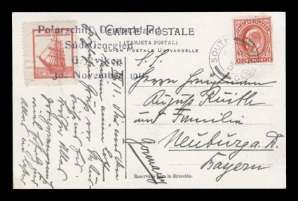 1910-12 German South Polar Expedition, Deutsche Sudpolar Expedition red vignette, tied to handsome picture post card of the expedition ship Deutschland by violet four line
Polarschiff DeutschelandSud-GeorgienGrytviken30. November 1911
