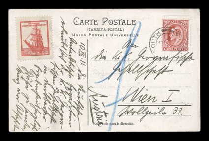 1910-12 German South Polar Expedition, Deutsche Sudpolar Expedition red vignette, tied to handsome picture post card of the expedition ship Deutschland by light strike violet
four line Polarschiff DeutschelandSud-GeorgienGrytviken10. De