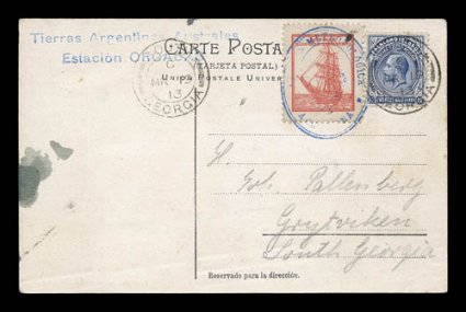 1910-12 German South Polar Expedition, Deutsche Sudpolar Expedition red vignette, tied to picture post card of the expedition ship Deutschland by very rare Oficina
Metereologica Argentina double oval blue cachet, card also bears a blu