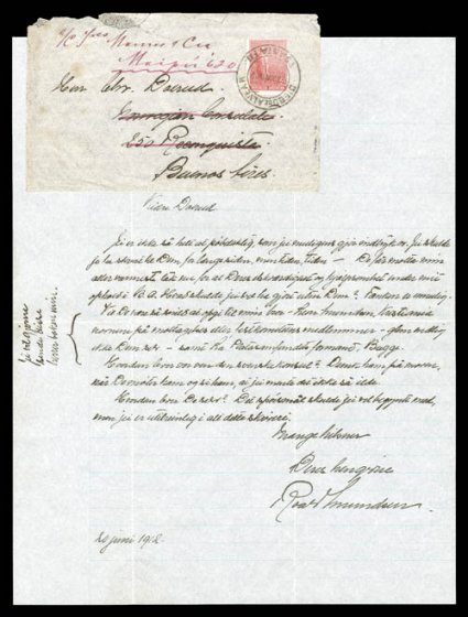 1910-12 Norwegian Antarctic Expedition, June 20, 1912 autographed letter signed by Roald Amundsen, entirely in his hand, written and posted on his return voyage at Diego de
Alvear, Argentina, accompanied by original cover addressed to Daerud