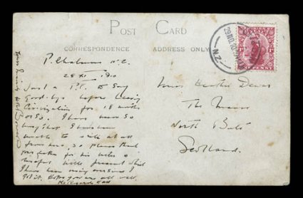 1910-13 British Antarctic Expedition, dramatic real photographic post card of the Terra Nova nearing the breakwater at Lyttlton 281010, posted from Dunedin to Scotland one
month later by Lt. Henry Robertson Bowers, who later perished with