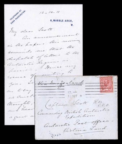 1910-13 British Antarctic Expedition, October 13, 1911 cover and letter from Sir Clements Markham in London to Captain Scott in Victoria Land, franked with Great Britain 1p
(damaged) and tied by London machine cancellation, Lyttelton bkst., and a