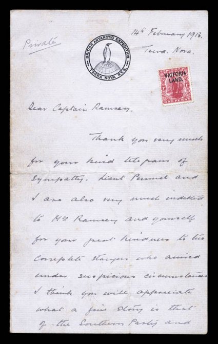 1910-13 British Antarctic Expedition, a highly important autograph letter signed by Edward Leicester Atkinson (1882-1929), written to Captain Ramsey, the harbourmaster in
Oamaru, Terra Nova, on February 14, 1913, 2 pages, 8vo, on a bifoli