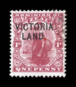 S.G. A3, 1911-13 1p Carmine, with VictoriaLand. overprint, the basic stamp showing the Q for O in One Penny plate flaw, which only occured once per sheet of 240 stamps (plate
13, R1019), and is the only major plate flaw on this sta