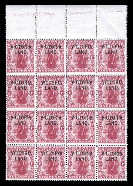 S.G. A3, 1911-13 1p Carmine, with VictoriaLand. overprint, pristine top sheet-margin mint block of sixteen (4x4), bright and fresh, o.g., n.h., fine-very fine a handsome and
choice multiple only 200 sheets of 120 stamps each of this value w
