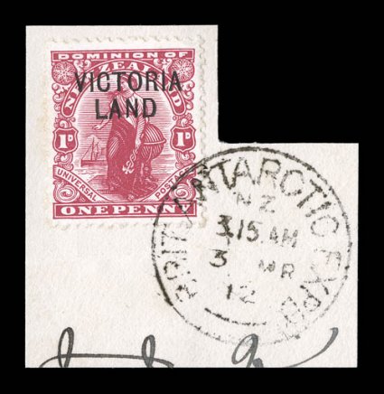 S.G. A3a, 1911-13 1p Carmine, with VictoriaLand. overprint, no stop after Land variety, a seldom seen used example of this distinctive variety, tied to small irregular piece
by complete strike of Brit Antarctic Expd3 Mr12 c.d.s., well c