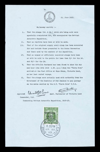 S.G. A2, 1911-13 12p Green, overprinted VictoriaLand., fresh single affixed and tied to official duplicated Terra Nova Expedition certificate by crisp strike of Brit Antarctic
ExpdJa 1813 first day c.d.s., very fine in memory of the dea