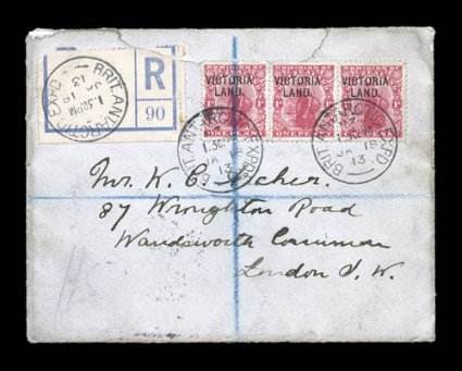 S.G. A3, 1911-13 1p Carmine, with VictoriaLand. overprint, a horizontal strip of three tied to a rare registered cover to London by two strikes of Brit Antarctic ExpdJa 1813
c.d.s., additional strike appears on blank registry label at lef