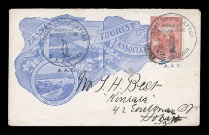 1911-14 Australian Antarctic Expedition, 1911 gorgeous overall Tasmanian Tourist Association illustrated ad cover, franked with Tasmania 1p Pictorial adhesive which is tied by
a choice strike of Loose Ships LetterPost atMacquarie IslandS.Y