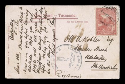 1911-14 Australian Antarctic Expedition, 1912 picture post card of Russell Falls (near Hobart), franked with Tasmania 1p Pictorial adhesive which is tied by Hobart12.Mr.12
c.d.s., with a virtually complete strike of Loose Ships LetterPost i