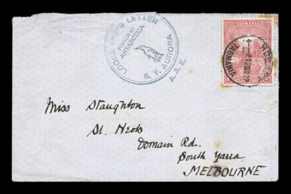 1911-14 Australian Antarctic Expedition, rare 1912 commercial cover addressed to Melbourne, franked with Tasmania 1p Pictorial adhesive which is tied by Hobart12.Mr.12 c.d.s.,
with a virtually complete strike of Loose Ships LetterPost inAn