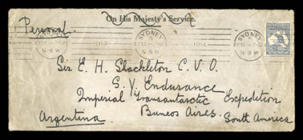 1914-16 British Imperial Trans-Antarctic Expedition, a spectacular 1914 deregulated O.H.M.S. envelope from Sydney and addressed to Sir E.H. Shackleton C.V.O.S.Y.
EnduranceImperial Transantarctic ExpeditionBuenos AiresArgentina, franked with