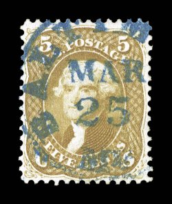 67, 5c Buff, a striking used example of this issue with large portion of central struck blue Baltimore, Md. c.d.s., which wonderfully contrasts with intense deep color of the
stamp, beautifully centered on bright white paper, extremely fine and