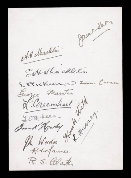 1914-16 British Imperial Trans-Antarctic Expedition, a pair of matching September 16, 1916 luncheon menus in honor of the Chilean Navy, Sir Ernest Shackleton and his
Companions, each signed by E.H. Shackleton and thirteen other expedition mem