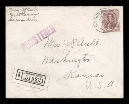 1915 American Carnegie Expedition, 1917 From (Captain) J.P. AultYacht CarnegieBuenos Aires endorsed registered cover to his wife in Washington, D.C., posted at Buenos Aires
with Argentina 24c adhesive on June 9, 1917, engraved flag of ship