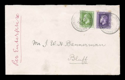 1915-16 General Grant Auckland Islands Expedition, New Zealand 12p and 2p adhesives tied to elusive expedition cover by two strikes of Auckland Islands23 Mar 1916Catlings
Expedition double circle postmarks, addressed to a MR. J.W.H. Banne