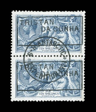 1921-22 Shackleton-Rowett Expedition, the exceptional set of boxed Tristan Da Cunha handstamps on pairs of Great Britain 12p to 10- King George V, the 12p to 1- being marginal
horizontal pairs and with central S.R. AntarcticMy 2522E