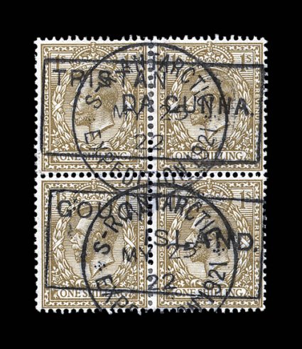 1921-22 Shackleton-Rowett Expedition, small specialized collection of better individual pieces showing the boxed Gough Island. and Tristan Da Cunha handstamps on various Great
Britain George V values, includes 12p value (two pairs, a blo
