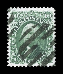 68, 10c Yellow green, an exceedingly choice used example, featuring marvelous centering amid much larger margins than typically found on this stamp, plus its color is
brilliantly fresh and its impression highly detailed on crisp white paper, ext
