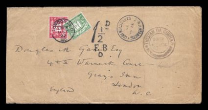 1921-22 Shackleton-Rowett Expedition, 1921 stampless cover from Tristan da Cunha addressed to Douglas Gane (author of several books on Tristan) in London, bearing nice strike
of scarce Tristan Da CunhaSouth Atlantic cachet II (S.G. C2), with