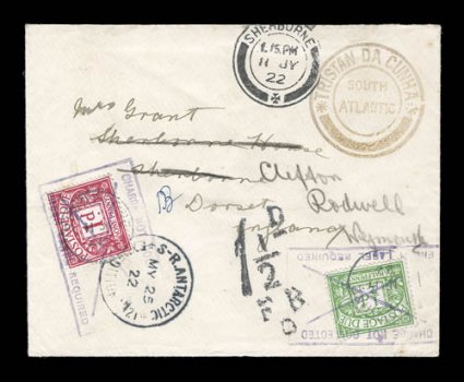 1921-22 Shackleton-Rowett Expedition, 1922 cover from Tristan da Cunha to Sherborne (then redirected to Cliffton, England), bearing a full strike of scarce Tristan Da
CunhaSouth Atlantic cachet II (S.G. C2), with S.R. AntarcticMy 25 22Expe
