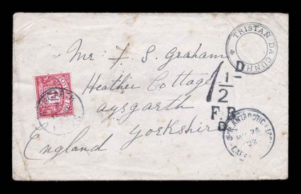 1921-22 Shackleton-Rowett Expedition, May 25, 1922 cover to England carried on board the S.Y. Quest while passing through Tristan da Cunha, with excellent clear strike of
Tristan da Cunha type III cachet (S.G. C3) at top right and S.R. An