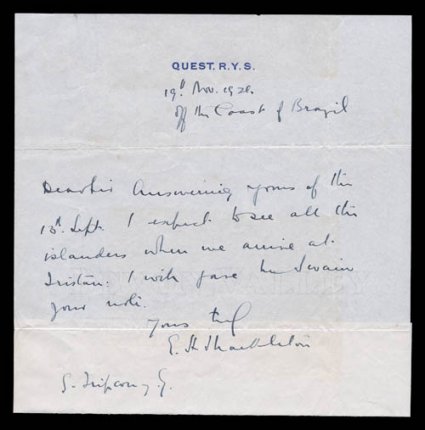 1921-22 Shackleton-Rowett Expedition, a fascinating small and well annotated correspondence between a Mr. George Tripcorny in London and Mr. Harry Swain in Tristan da Cunha,
1919-27, within the pieces of correspondence or copies of letters are an