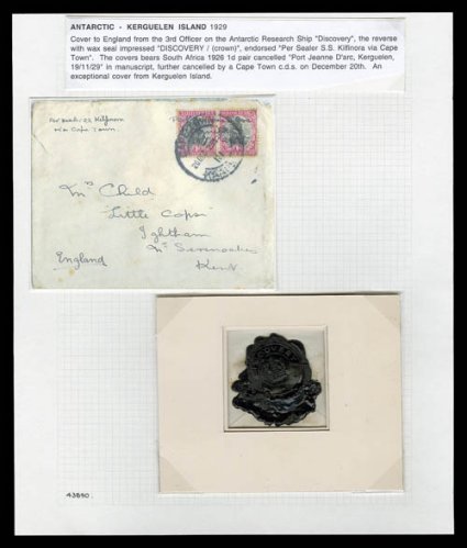 1929-31 B.A.N.Z.A.R.E. Mawson Expedition, attractive cover to England from the 3rd Officer on the Antarctic Research Ship Discovery (Robert Scotts old ship), the reverse
showing an impressive large black wax seal impressed Discovery alon