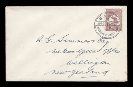 1929-31 B.A.N.Z.A.R.E. Mawson Expedition, very scarce cover addressed to the Meteorological Office in Wellington, New Zealand, franked with a highly poplar 2- Australian
Kangaroo and tied by a wonderful complete strike of fancy special cache