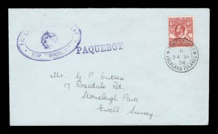 1933-36 R.R.S. Discovery II Expedition, selection of six covers related to this expedition, two being O.H.M.S. envelopes with Discovery Expedition. imprints (both 1933 usages
with Falkland Island adhesives, one being cancelled in South Georgi