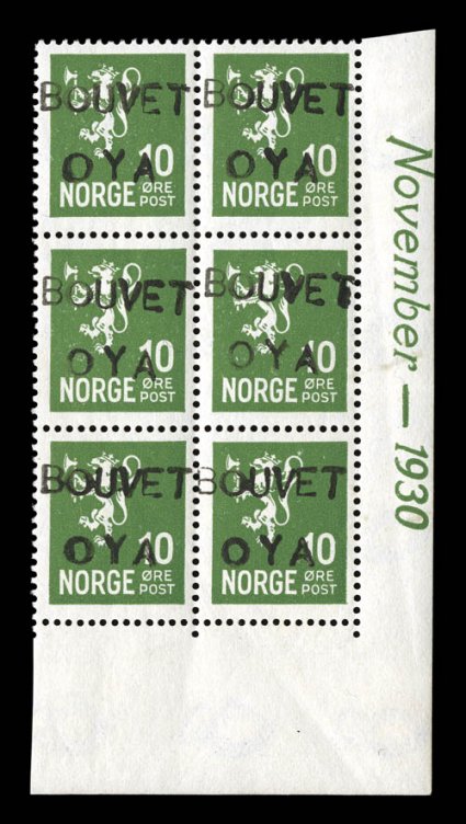 1934 Norwegian Milford Expedition on Bouvet Island, four different mint Norwegian stamps (5o, 10o, 20o and 30o) overprinted BOUVETOYA for use on the expeditions mail, quite
scarce as only 400 each were produced of the 5o and 30o values for in