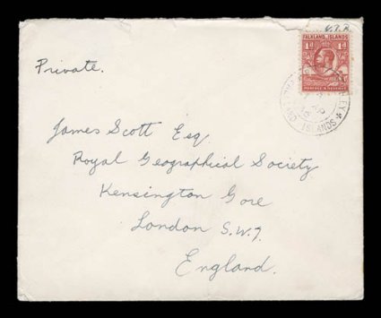 1934-37 British Grahamland Antarctic Expedition, 1936 cover from the Falkland Islands to the Royal Geographical Society in London, sent from John Rymills 1934-37 British
Graham Land Antarctic Expedition based in the Argentine Islands, addressed
