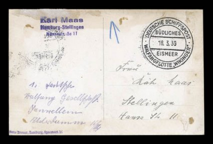 1939 German Antarctic Cruise, four cards posted on board of this little known expedition, all four cards are dated 1939 and all bear large Deutsche
SchiffspostSudlichesEismeerWalfangflotte Wikinger postmarks, one on a picture post card of