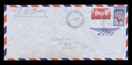 1955-58 British Commonwealth Trans-Antarctic Expedition, a choice pair of 1957-58 covers cancelled at the Scott Base in the Ross Dependency, one signed by (Sir) E(mund) P.
Hillary and the other by Vivian Fuchs, the two commanders of the Exped