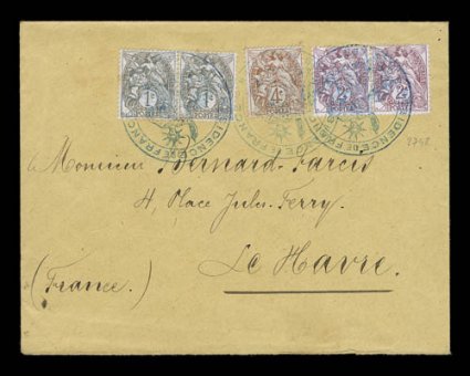 Kerguelen Island 1909 cover to Le Havre, franked with France horizontal pairs of the 1c and 2c, along with a single 4c Liberty stamps, tied by three well detailed strikes of
Residence de FranceIles Kerguelen type I Resident Administrator c