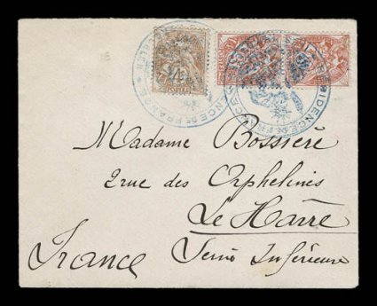 Kerguelen Island 1909 cover to Le Havre, from the Bossiere correspondence, franked with France vertical pair of the 3c and a single of the 4c Liberty stamps, tied by two
choice strikes of Residence de FranceIles Kerguelen type I Resident Ad