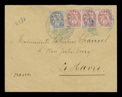 Kerguelen Island cover to Le Havre, franked with France horizontal strip of three of the 3c and a single 1c Liberty stamps, tied by two partial strikes and a third superb
strike of Residence de FranceIles Kerguelen type I Resident Administr